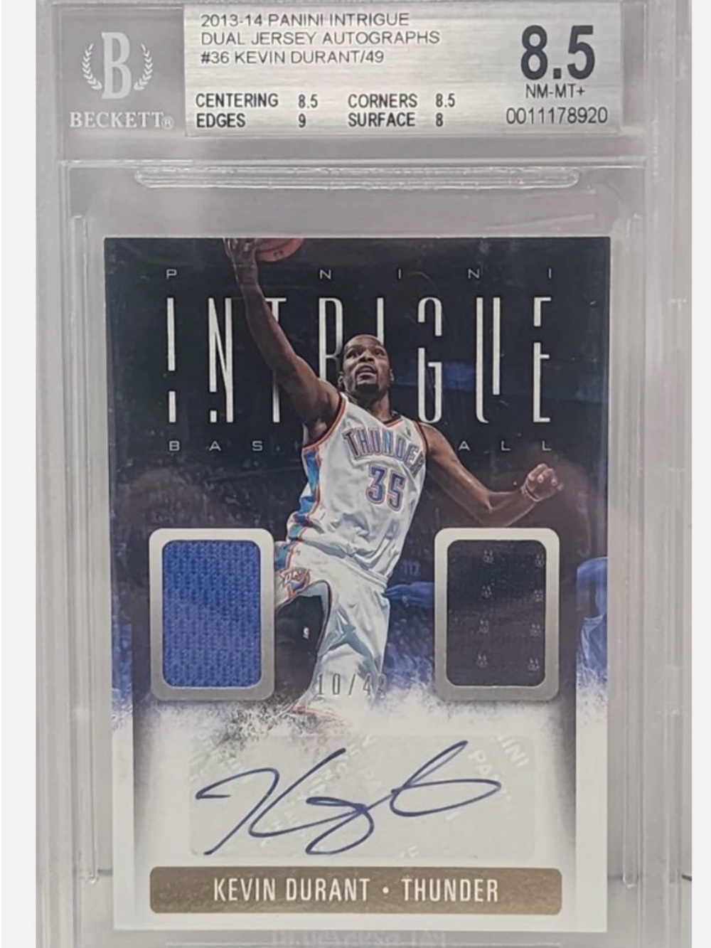 Panini 2013-14 Intrigue Dual Jersey Autographs Kevin Durant #36 10/49 BGS 8.5 💎